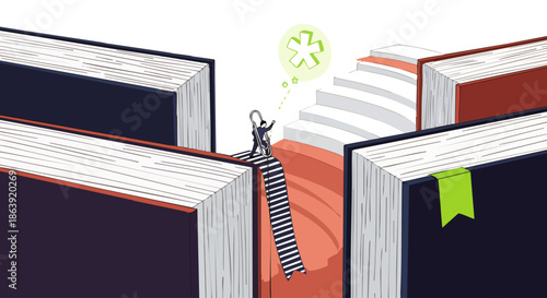 A determined businessman climbs a ladder between giant books, symbolizing the pursuit of knowledge and career advancement.