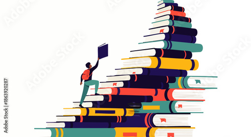 A person climbs a staircase made of books, symbolizing the journey of knowledge and personal growth.