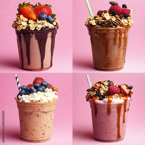 Decadent Berry Smoothie Bowls with Chocolate and Caramel Drizzle: Indulgent Treats for Sweet Cravings, Garnished with Fresh Berries and Granola Toppings