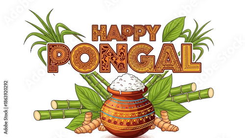 Vibrant Happy Pongal celebration with traditional pot and sugarcane