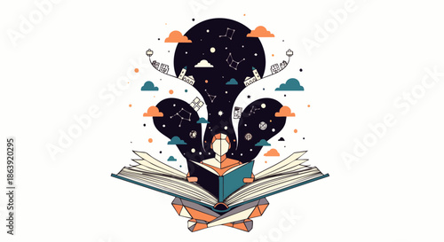 Imagination unfolds from an open book, revealing a universe of stars, clouds, and dreams.