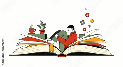 An imaginative illustration portrays a serene individual nestled within the pages of a large open book, representing the pursuit of knowledge and a peaceful retreat from the bustling digital world.