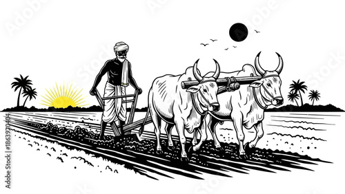 Traditional Indian farmer plowing field with oxen at sunrise