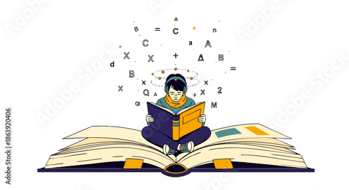 A person engrossed in reading a book, surrounded by floating letters and symbols, symbolizing the acquisition of knowledge and intellectual growth.