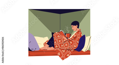 An illustration depicts a tranquil scene of a person unwinding at home, cozily wrapped in a blanket, enjoying a book and a warm drink.