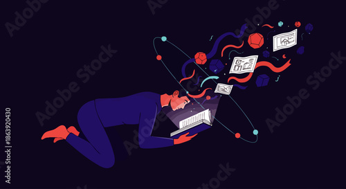 A person's mind overflows with vibrant ideas, data, and scientific concepts, illustrating intense digital engagement and creative problem-solving.