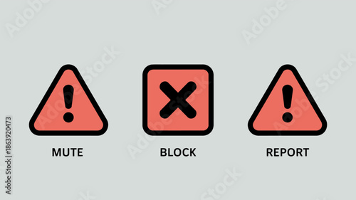 Moderation icons displaying warning signs for muting, blocking, and reporting actions against inappropriate online content or users.