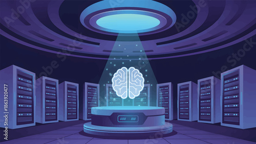 Digital brain hologram in futuristic server room artificial intelligence