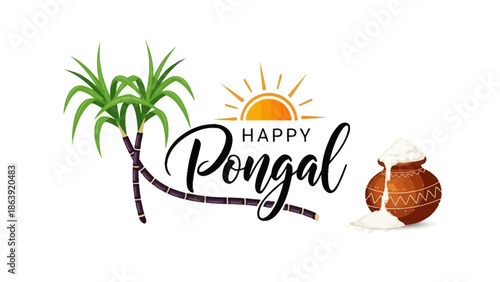 Happy Pongal festival celebration with traditional pot and palm tree
