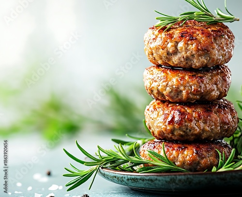 Stack of Golden Brown Grilled Meatballs: Rustic and Flavorful Culinary Delight, Garnished with Fresh Rosemary and Sprinkled Pepper