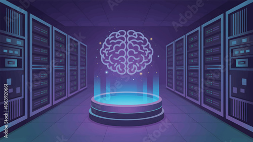 Digital brain hologram in a server room data center