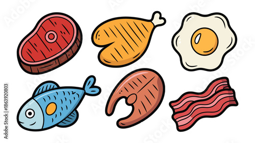 Gourmet Food Selection: A delightful illustration showcases a diverse array of culinary delights, including succulent steak, savory chicken leg, sunny-side-up egg, fresh fish, and crispy bacon
