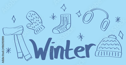 Winter seasonal clothes doodle outline style. beanie, socks, gloves, shawl