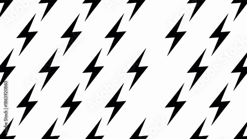 A dynamic repeating pattern displays sharp black lightning bolt symbols set diagonally against a clean white surface, conveying energy and sudden impact.