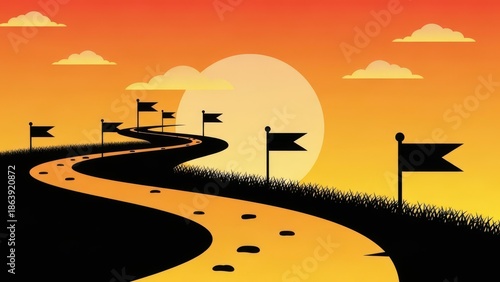 Winding Road with Milestone Flags at Sunset Success Concept