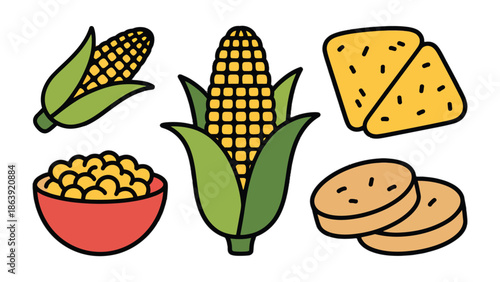 Golden Maize Assortment: A vibrant illustration showcasing the essence of fresh corn, with ripe ears, golden kernels, and crispy snacks.