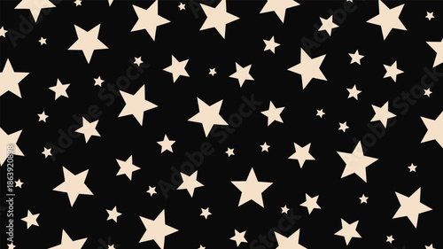 Numerous pale beige five-pointed stars scatter across a deep black background, creating a celestial, repeating decorative pattern for textiles or wallpaper.