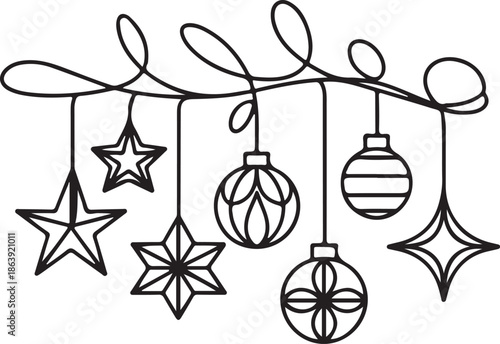  A black and white graphic depicting a horizontal border or divider with seasonal leaves and suspended decorations. 