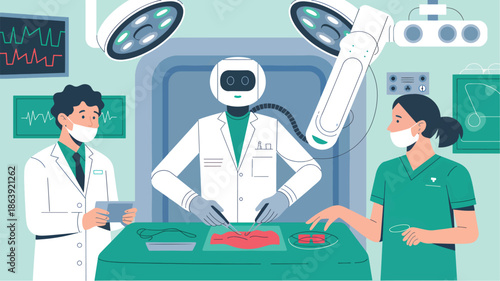 Robot surgeon and medical staff in operating room surgery