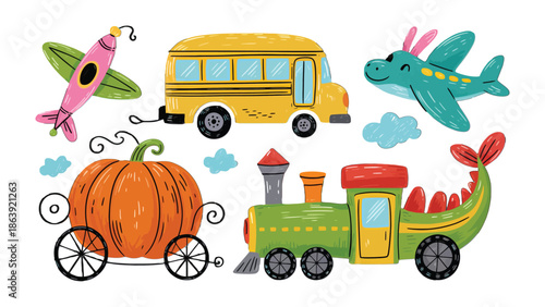 Whimsical Transport: A charming collection of fantastical transport vehicles. Includes a whimsical airplane, a school bus, and a train, designed with playful features.