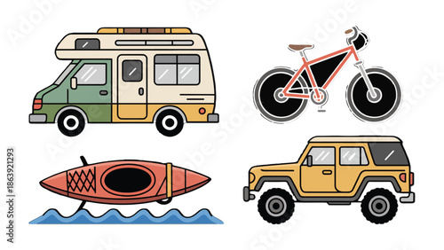 Adventure Icons: Illustrated collection of adventure-related transportation equipment including a van, bicycle, kayak, and SUV, promising exploration and outdoor activity. 