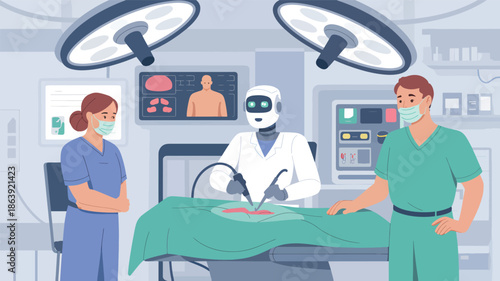 Robot surgeon and medical team in operating room surgery