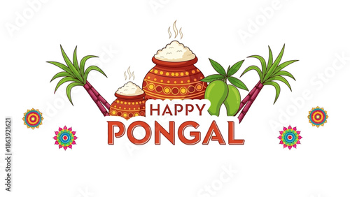 Vibrant Happy Pongal celebration with traditional rice pots and palm trees