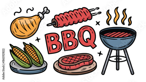 BBQ Feast Illustration: An appetizing illustration showcasing a barbecue feast. Featuring a grill, steaks, chicken leg, corn, and more, all ready to be enjoyed!