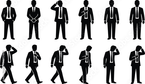 Businessman silhouette icon set showing multiple professional poses walking thinking standing confidence leadership corporate office people work career success illustration design