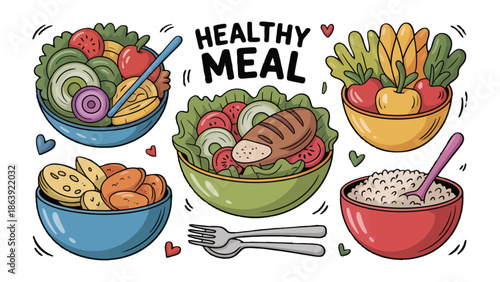 Wholesome Meal Art: A colorful illustration presents a visual feast of healthy meal components, inviting viewers to savor the vitality of wholesome dishes