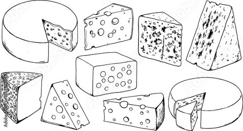 Hand drawn cheese illustration set with various cheese types, slices and blocks, sketch style food elements isolated on white background
