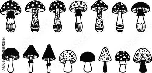 Hand drawn mushroom icon set featuring whimsical toadstool shapes, black silhouette forest fungi illustrations isolated on white background