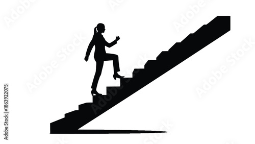 Silhouette of ambitious businesswoman steadily climbing the upward stairs representing career growth and success