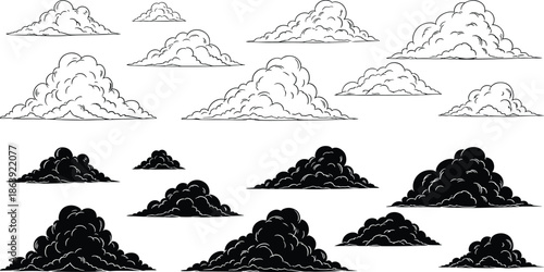 Hand drawn cloud illustration set featuring outlined and solid cartoon clouds in various shapes for weather, sky, and design concepts