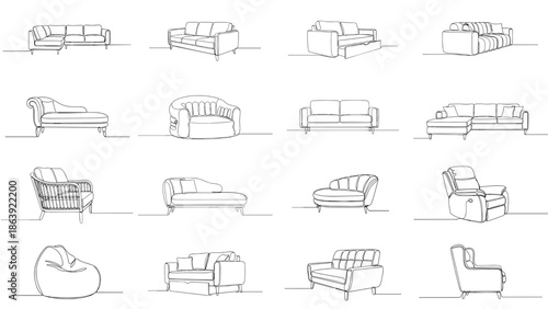 Sofa and chair sketches in minimalist line art style