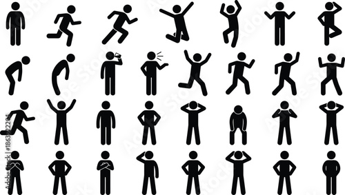 Human pictogram icon set displaying people actions emotions and body postures, black silhouette figures isolated on white background vector design