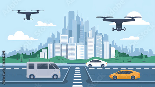 Drones fly over city streets with cars and buildings