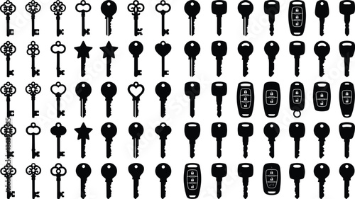 Key silhouette icon collection featuring vintage skeleton keys modern house car keys and remote fobs, black vector symbols isolated on white background