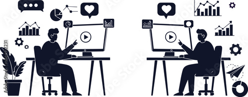 Silhouette content creators analyzing video marketing performance with analytics dashboards, social media engagement icons, and minimal black vector illustration design