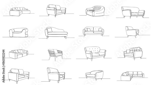 Sofa and armchair collection in minimalist line art style