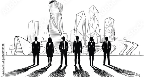 Silhouetted business professionals standing confidently before modern city skyline sketch representing corporate leadership, teamwork, strategy, innovation, urban growth, and professional success