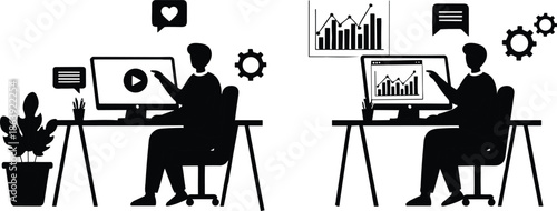 Silhouette content creators working at computers with video analytics dashboards, social media icons, charts, and minimal black vector illustration design