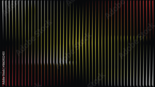 abstract wave pattern of vertical lines with gradient colors from white red to yellow on black background, creating dynamic focal energy and interference effect in modern digital visual design
