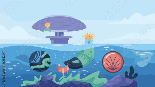 Stylized underwater scene with futuristic dome and sun