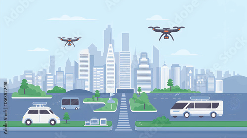 Drones fly over city with autonomous vehicles and green spaces