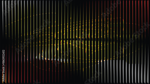 abstract black and white vertical stripes over swirling red yellow background with elliptical motion and central obscured shape, creating dynamic contrast and layered depth in modern visual design