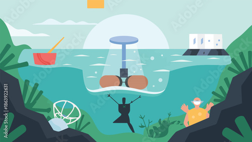 Stylized illustration of a surreal underwater scene with figures and objects
