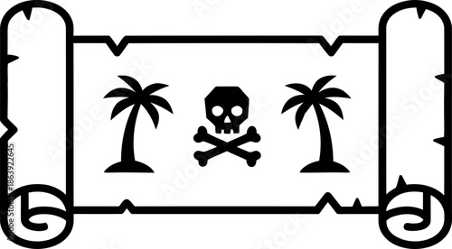 Ancient treasure map on an old scroll with skull, crossbones and palm trees. Adventure concept. Vector icon for game, poster, banner