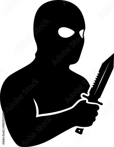 Man in balaclava holding knife. Dangerous criminal concept. Black silhouette vector illustration for icon, symbol, security design