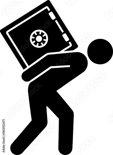 Man carrying a heavy safe on his back, representing financial burden, theft, or security. Flat black icon vector illustration